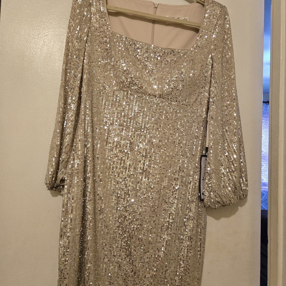 Eliza J Gold Sequin Sheath Dress with Cowl Neck and 3/4 Bishop Sleeves